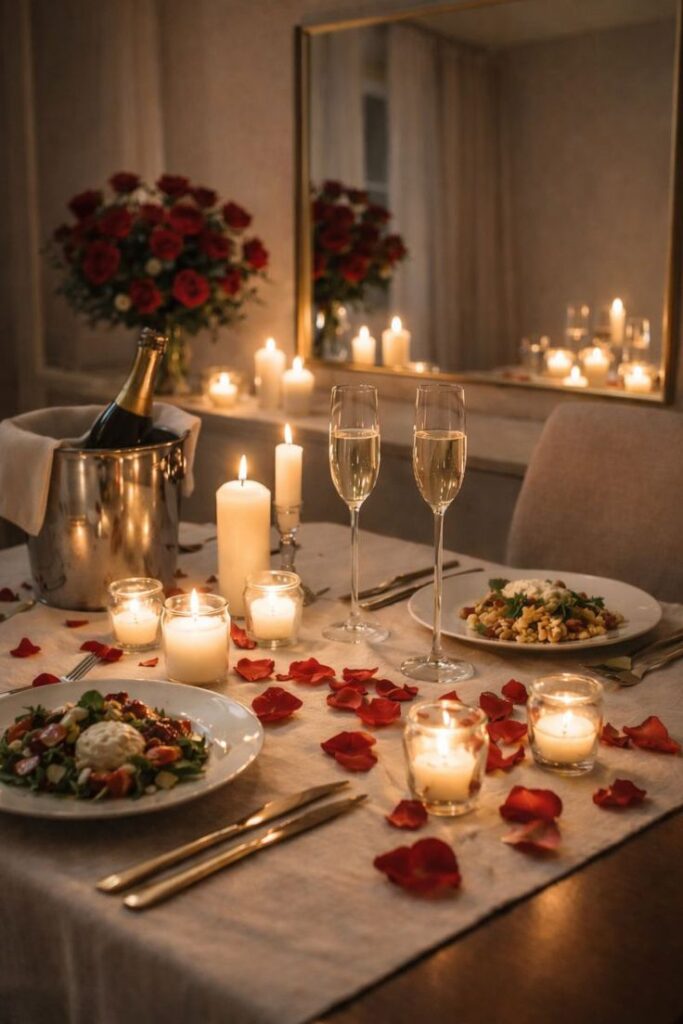 romantic-candlelight-dinner-table-setting-with-champagne-glasses-and-rose-petals