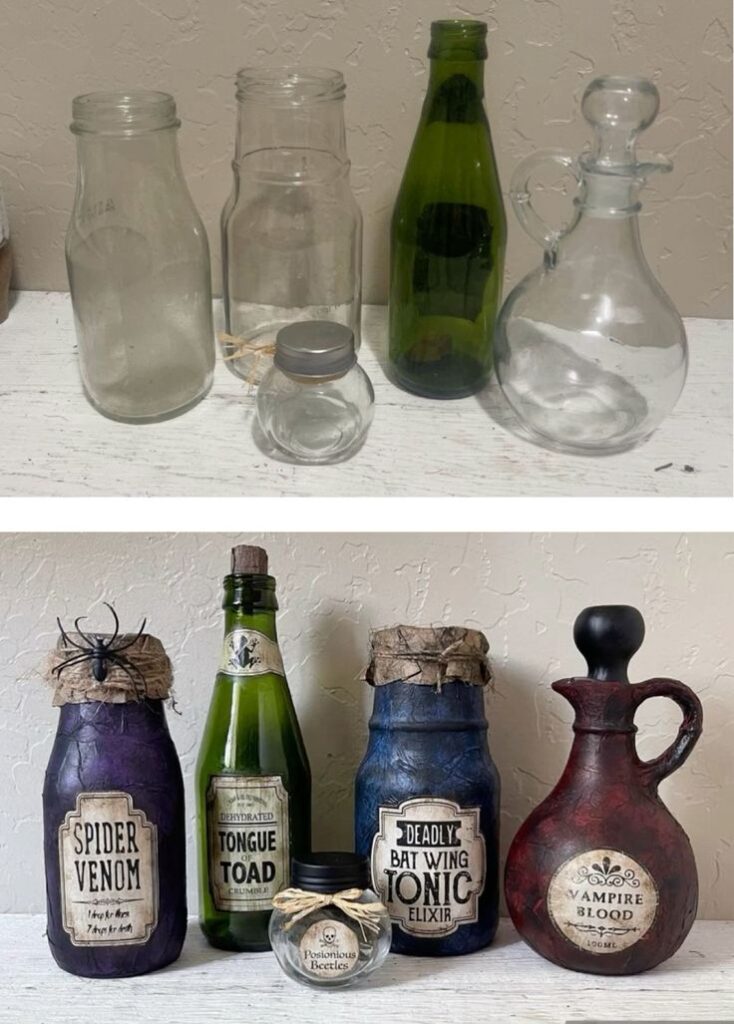 before-and-after-diy-halloween-potion-bottles-crafted-from-recycled-glass-jars-and-vintage-labels-for-indoor-Halloween-decor-ideas