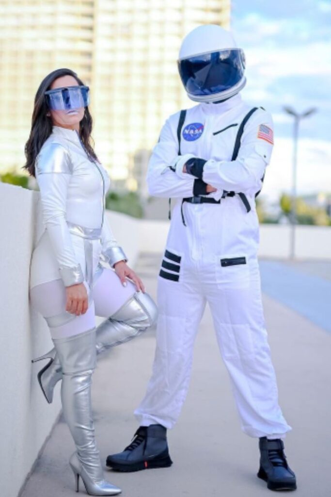 futuristic-retro-astronaut-couples-costume-with-white-spacesuits-and-silver-knee-high-boots