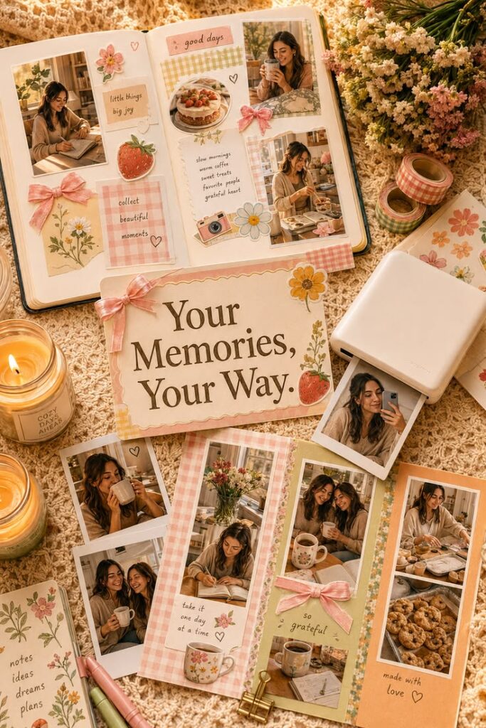romantic-photo-scrapbook-journal-flatlay-with-mini-photo-printer-and-candles