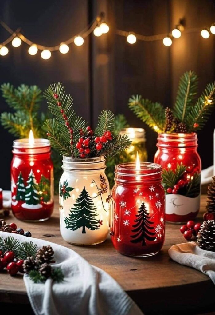 red-and-white-holiday-jar-candle-holders-painted-with-christmas-trees-and-snowflakes