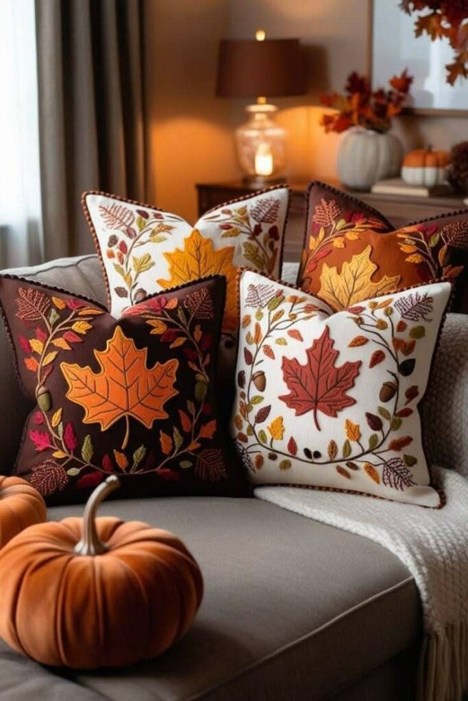 neutral-sofa-adorned-with-embroidered-fall-leaf-pillows-and-plush-velvet-orange-pumpkins
