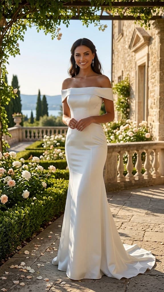 off-the-shoulder-minimalist-satin-fit-and-flare-wedding-gown-with-cuff-neckline