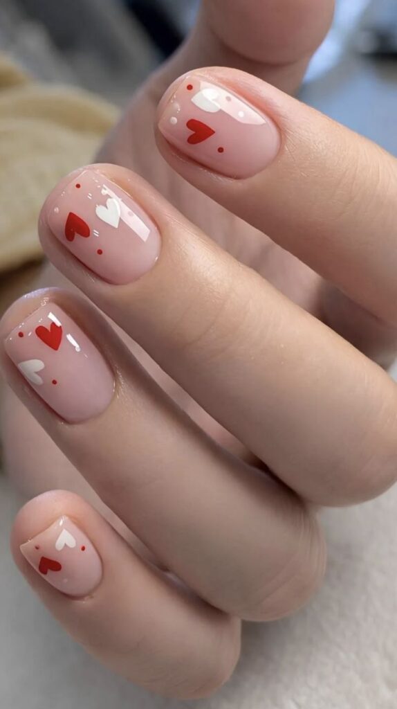 short-squoval-nude-pink-nails-with-red-and-white-hand-painted-heart-art