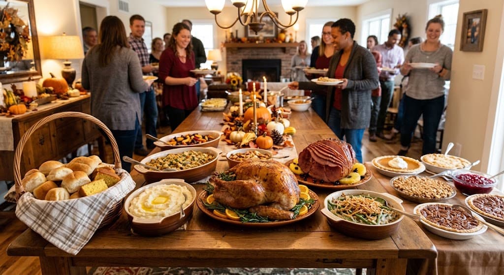 large-thanksgiving-buffet-for-gathering-crowd-serving-turkey-ham-casseroles-rolls-pies