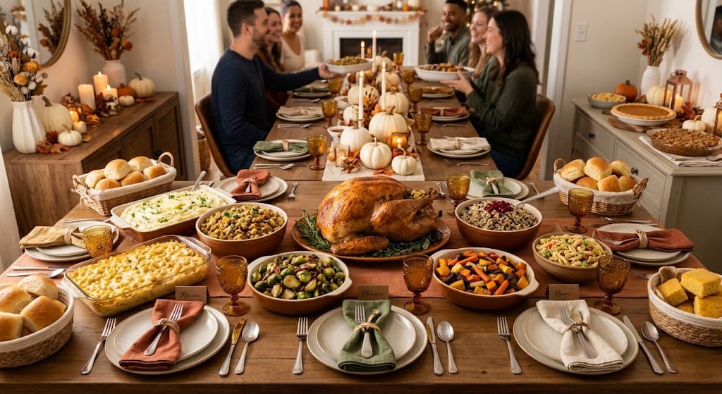 large-thanksgiving-dinner-table-setting-for-ten-people-roasted-turkey-sides-stuffing-mashed-potatoes-rolls