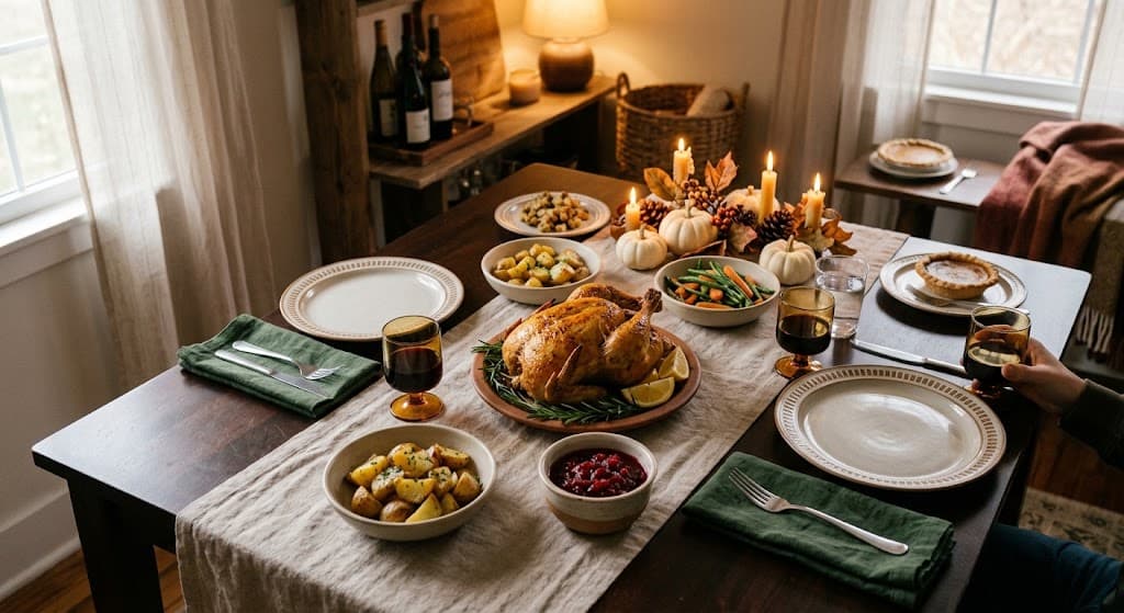 intimate-thanksgiving-dinner-for-two-table-setting-roasted-chicken-garlic-potatoes-stuffing-cranberry-sauce-cozy-candles