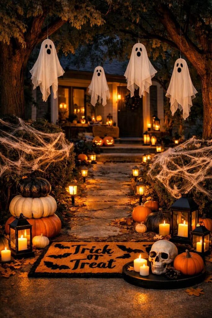 outdoor-halloween-pathway-lined-with-glowing-lanterns-cobwebs-ghosts-hanging-from-trees-and-a-trick-or-treat-mat