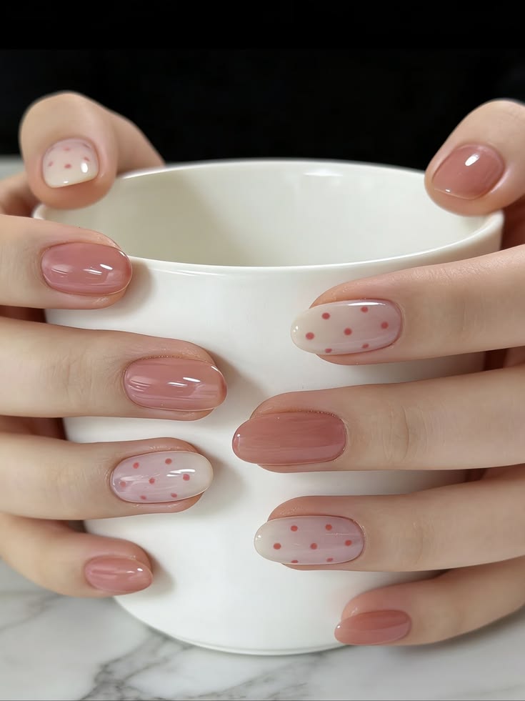 short-glossy-dusty-pink-oval-nails-with-milky-white-polka-dot-accent-nail