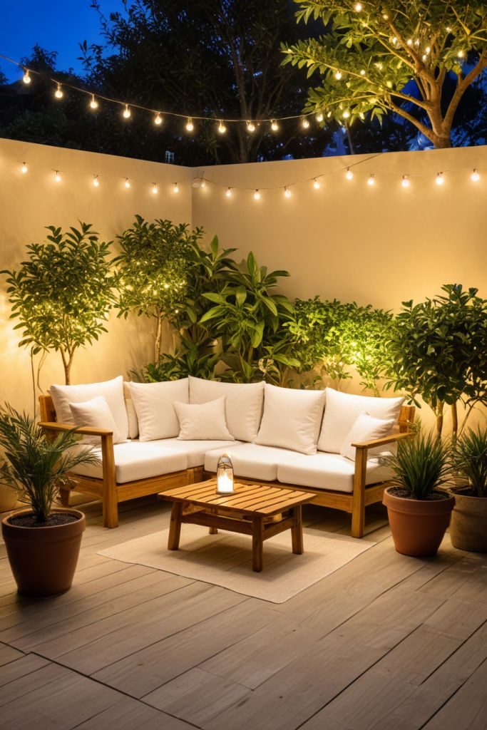cozy-small-patio-with-wooden-sectional-sofa-warm-uplighting-on-plants-and-overhead-string-lights-for-budget-friendly-small-backyard-ideas
