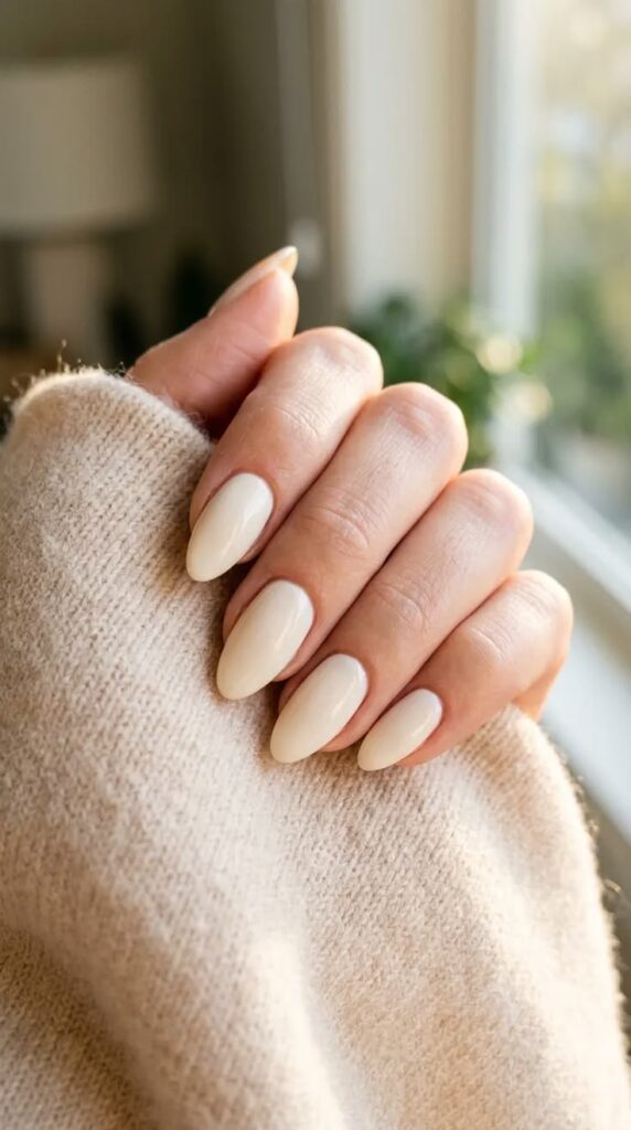 creamy-off-white-almond-manicure-with-smooth-glossy-finish-wedding-nails-for-brides 