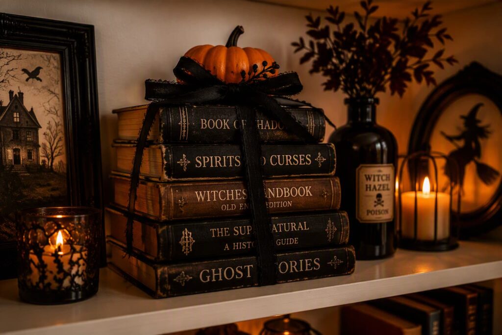 stack-of-vintage-spooky-books-tied-with-a-black-ribbon-and-topped-with-a-mini-pumpkin-on-a-decorated-shelf