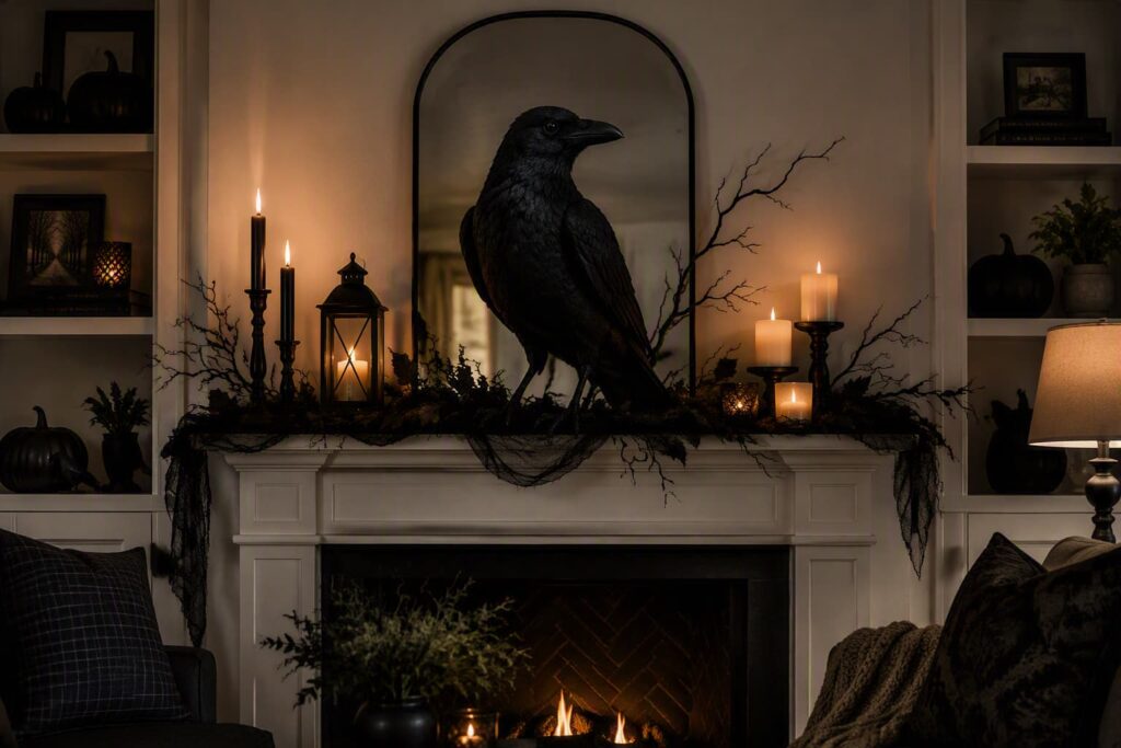 moody-gothic-fireplace-mantel-featuring-a-large-black-raven-statue-surrounded-by-dark-twigs-and-lit-candles-for-indoor-Halloween-decor-ideas