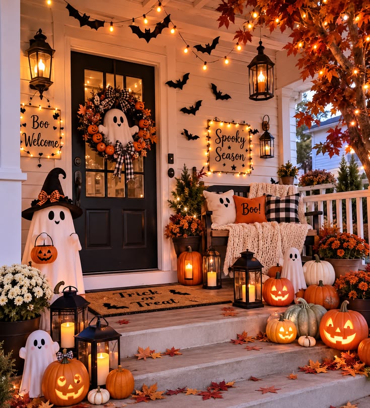 festive-halloween-porch-decor-with-friendly-ghosts-carved-jack-o-lanterns-glowing-lanterns-and-a-ghost-wreath-on-a-black-door