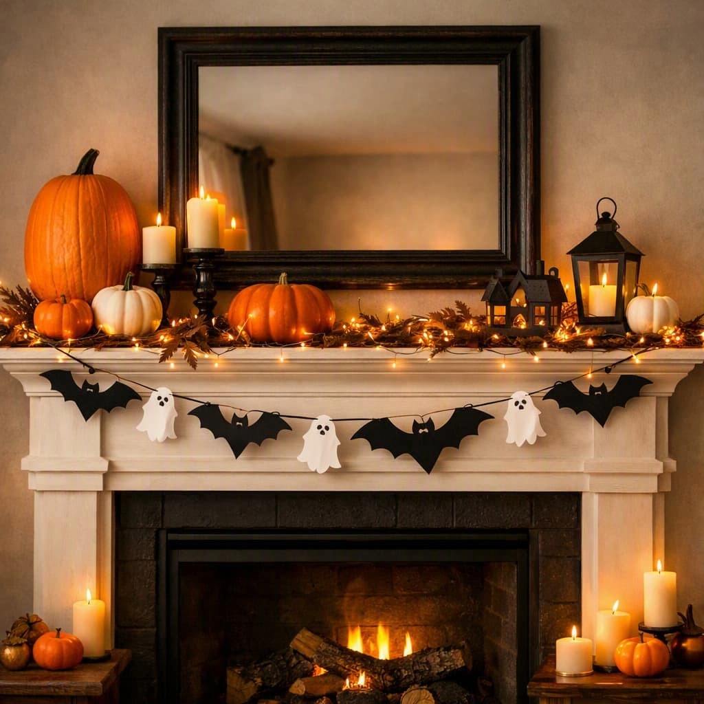 halloween-decorated-fireplace-mantel-with-a-bat-and-ghost-garland-glowing-string-lights-pumpkins-and-candles