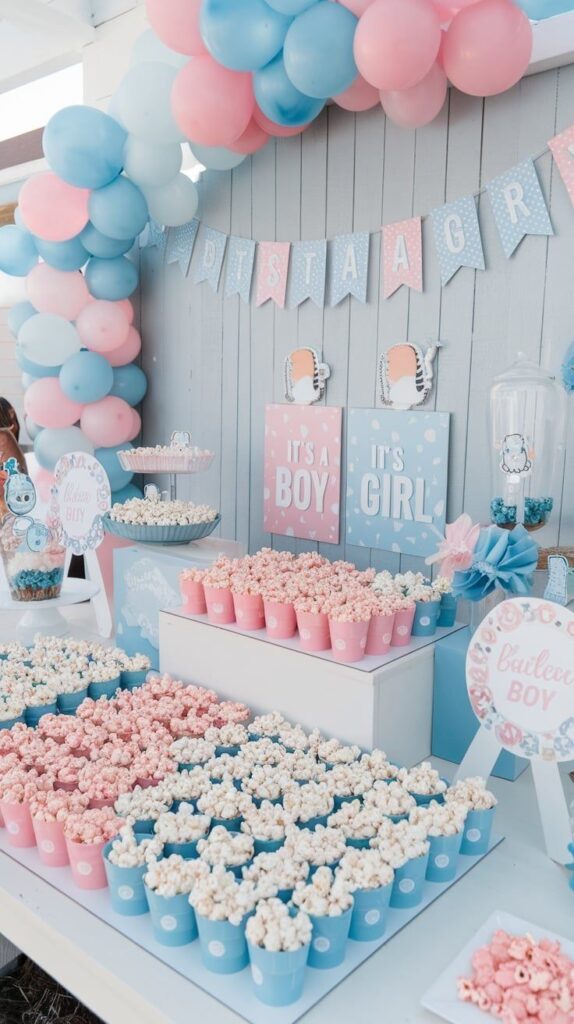 pink-and-blue-gender-reveal-snack-table-decorated-with-popcorn-cups-Baby-Shower-Food-Ideas
