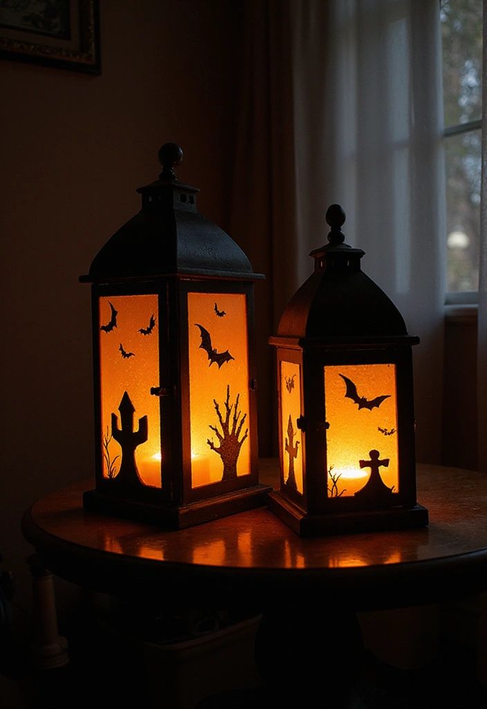 two-black-gothic-halloween-lanterns-with-spooky-bat-and-tree-silhouettes-glowing-from-warm-candlelight-on-a-wooden-table