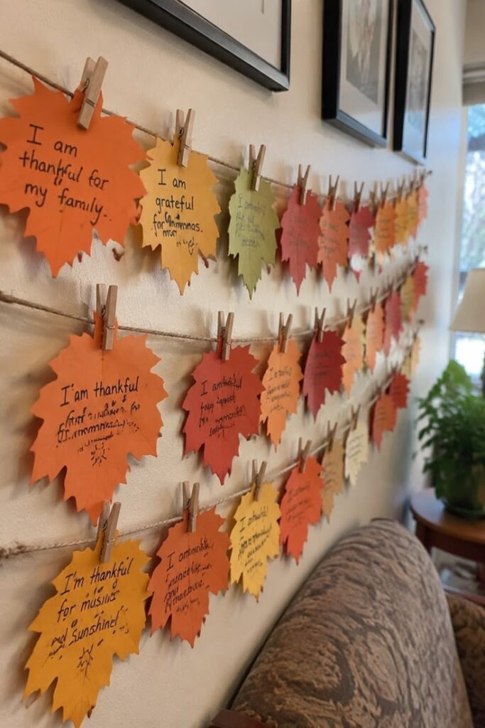 thankful-garland-with-paper-leaf-cutouts-pinned-to-twine-showing-handwritten-messages-of-gratitude
