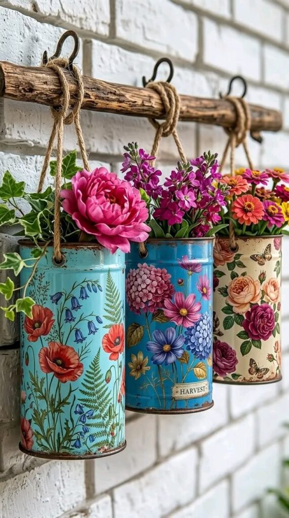 hanging-vintage-floral-tin planters-on-a-natural-wood-branch-with-twine