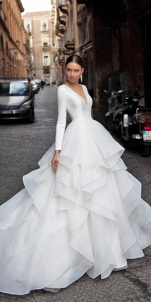 long-sleeve-plunging-v-neck-tiered-ruffle-organza-ball-gown-wedding-dress