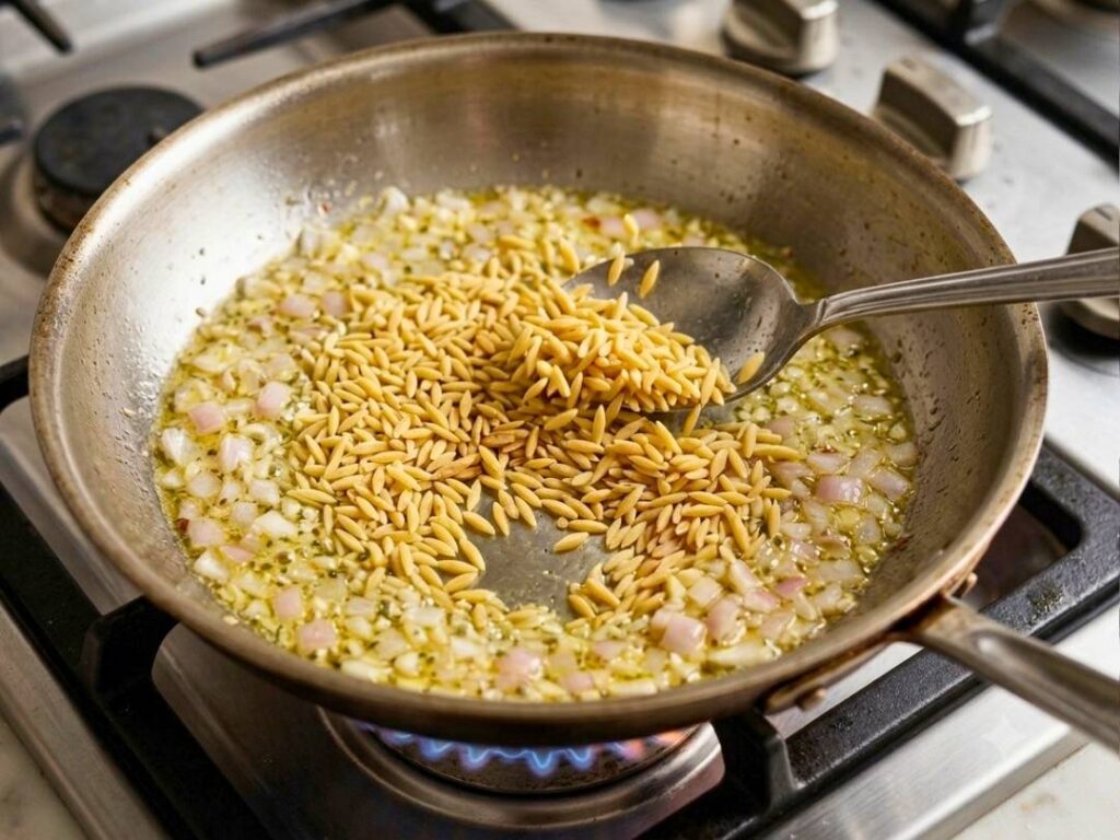 toasting-dry-orzo-pasta-in-skillet-with-melted-butter-garlic-shallots