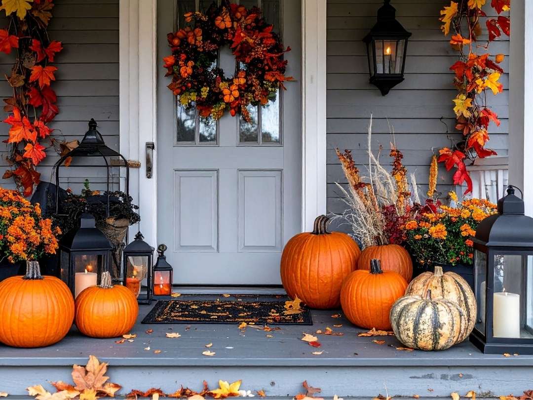 front-porch-decorated-for-halloween-with-stacked-pumpkins-autumn-wreath-glowing-black-lanterns-and-a-welcome-mat