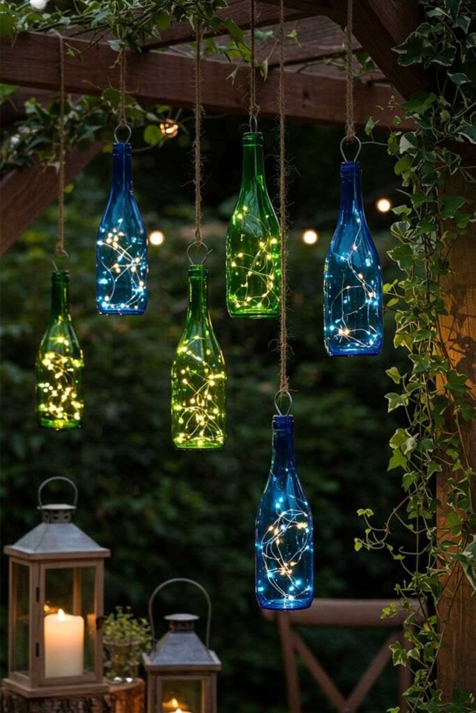 hanging-upcycled-blue-and-green-glass-bottle-lanterns-with-fairy-lights