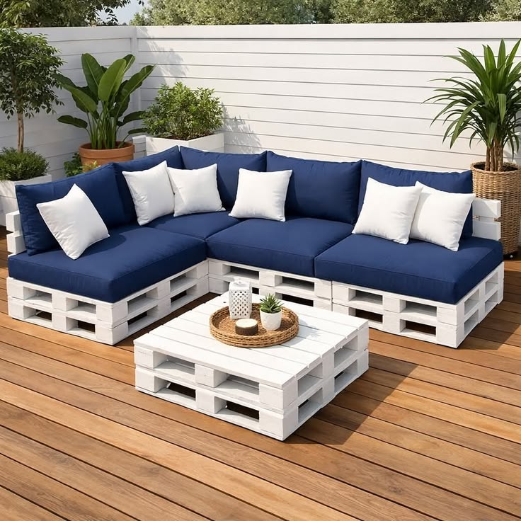 white-upcycled-wooden-pallet-outdoor-sectional-sofa-with-navy-cushions -for-eco-friendly-outdoor-decor