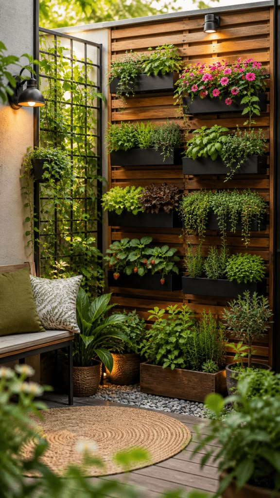 vertical-slat-wooden-wall-planter-with-black-boxes-and-metal-lattice-trellis-in-small-patio
