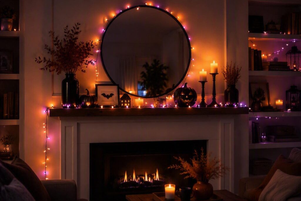 cozy-fireplace-mantel-illuminated-by-glowing-orange-and-purple-string-lights-black-jack-o-lanterns-and-candles