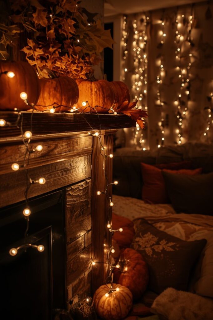 warm-fireplace-mantel-adorned-with-pumpkins-autumn-leaves-and-cascading-fairy-string-lights