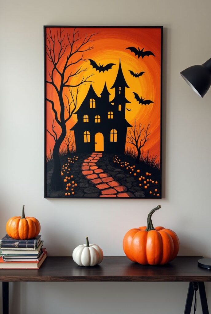 halloween-wall-art-depicting-a-black-haunted-house-and-bats-against-an-orange-moonlight-sky-for-indoor-Halloween-decor-ideas