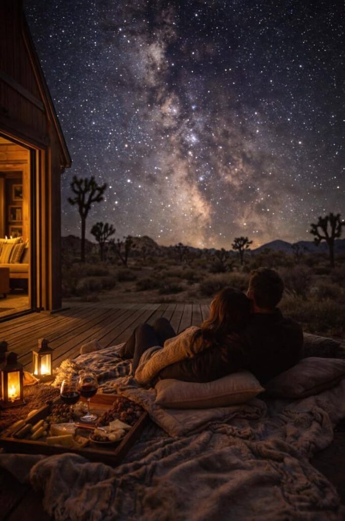 A-couple-cuddling-under-a-blanket-on-an-outdoor-patio-with-wine-and-snacks-under-a-starry-milky-way-night-sky-for-Valentines-Day-gift-ideas