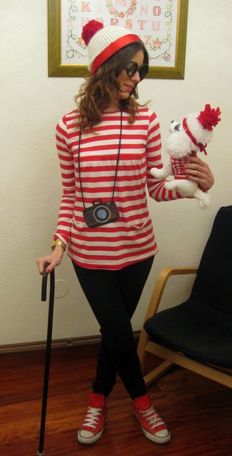 A-girl-in-Red-and-white-striped-top,-glasses,-and-a-hat-and-red-sneakers-for Halloween-teachers-costume-ideas.