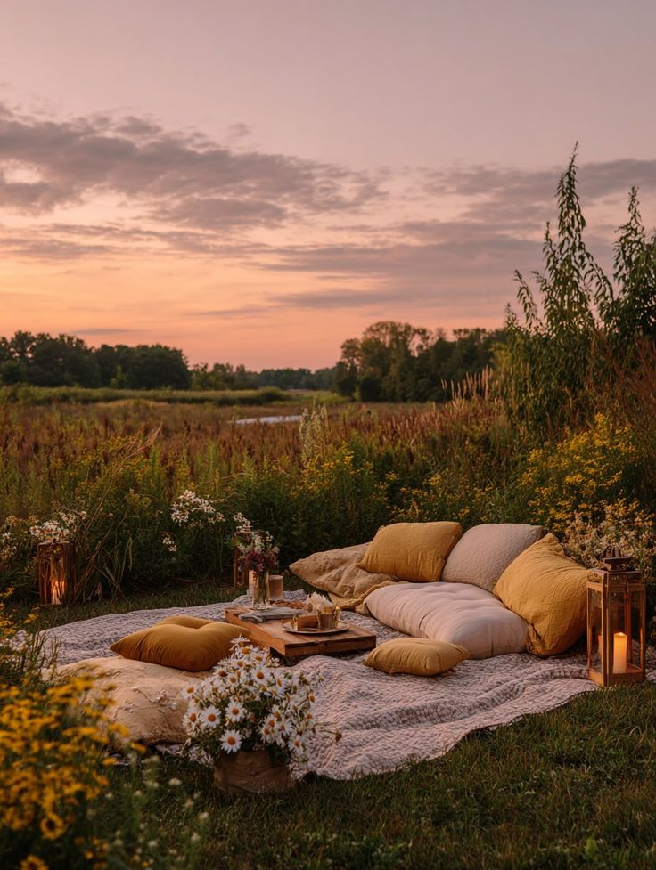 outdoor-romantic-picnic-setup-in-wildflower-field-at-sunset-with-cushions-and-lanterns