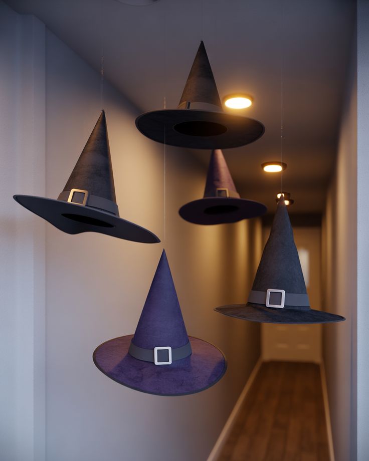 floating-black-and-purple-witch-hats-hanging-from-ceiling-in-hallway-for-halloween-garlands-ideas