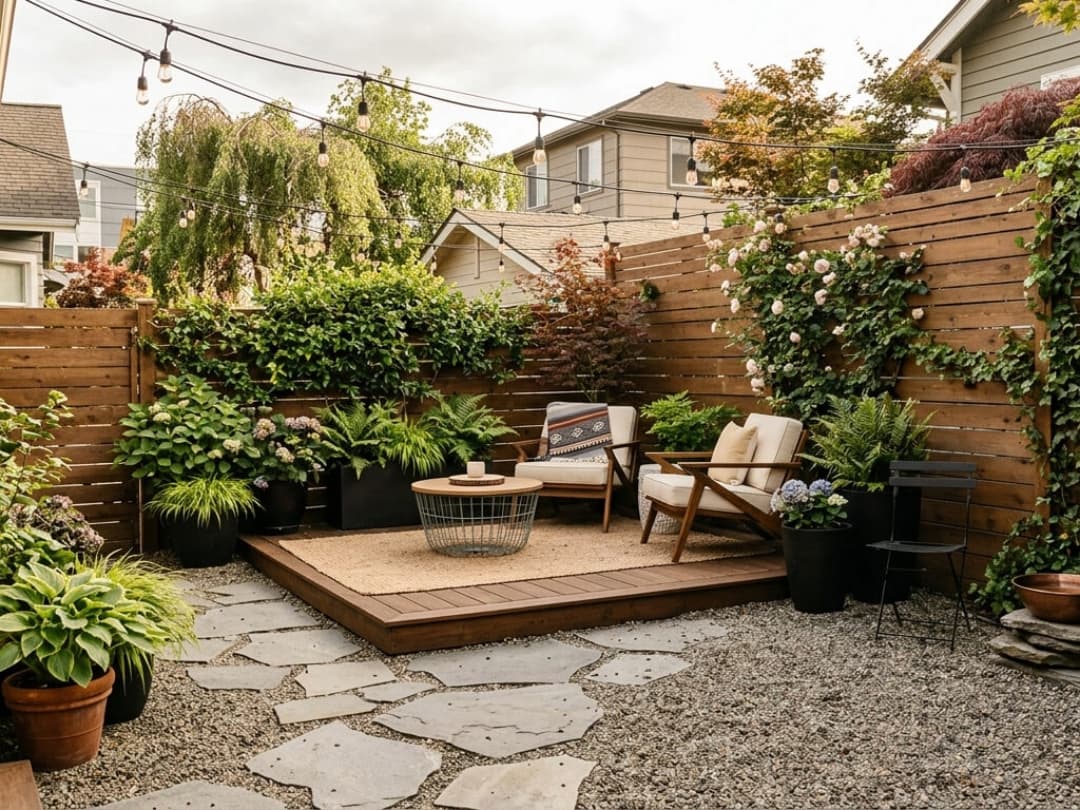 budget-friendly-small-backyard-patio-with-floating-wood-deck-string-lights-and-potted-plants