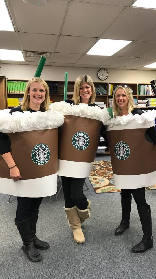 three-women-wearing-diy-starbucks-coffee-cup-group-halloween-costumes three-teachers-dressed-in-homemade-starbucks-iced-coffee-cup-costumes-with-green-straws
