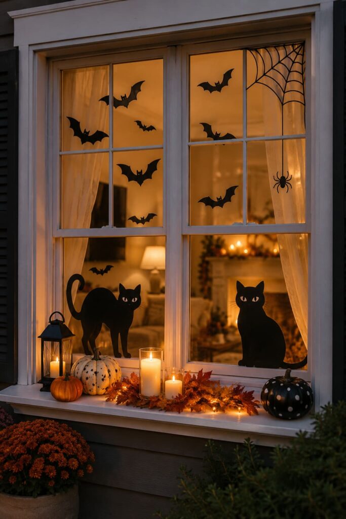 cozy-halloween-window-decor-with-paper-bats-black-cats-pumpkins-candles-and-spider-webs