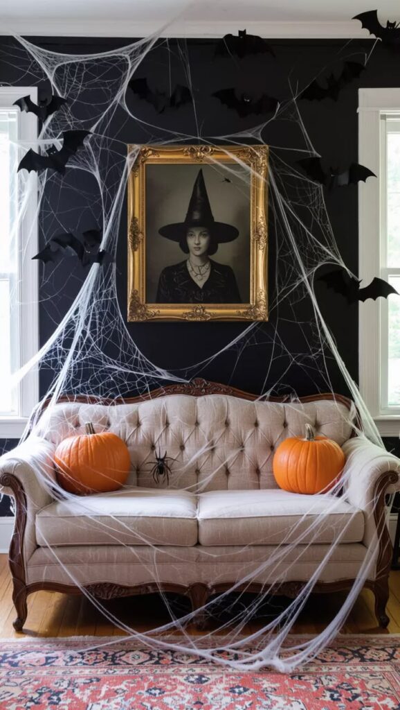 beige-sofa-draped-in-stretched-cobwebs-and-orange-pumpkins-below-a-framed-witch-portrait-and-flying-bats-for-indoor-Halloween-decor-ideas