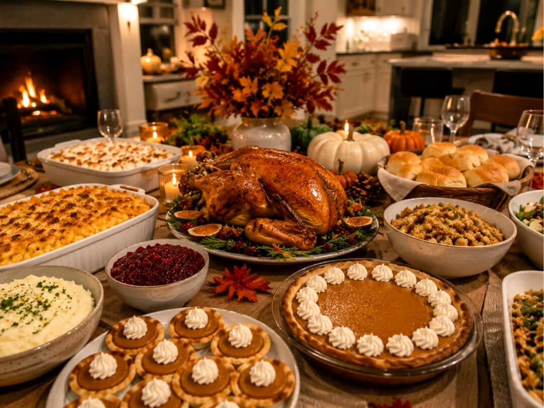 close-up-spread-of-potluck-dishes-including-roast-turkey-pumpkin-pie-mac-and-cheese-and-mashed-potatoes-for-Easy-Thanksgiving-potluck-ideas
