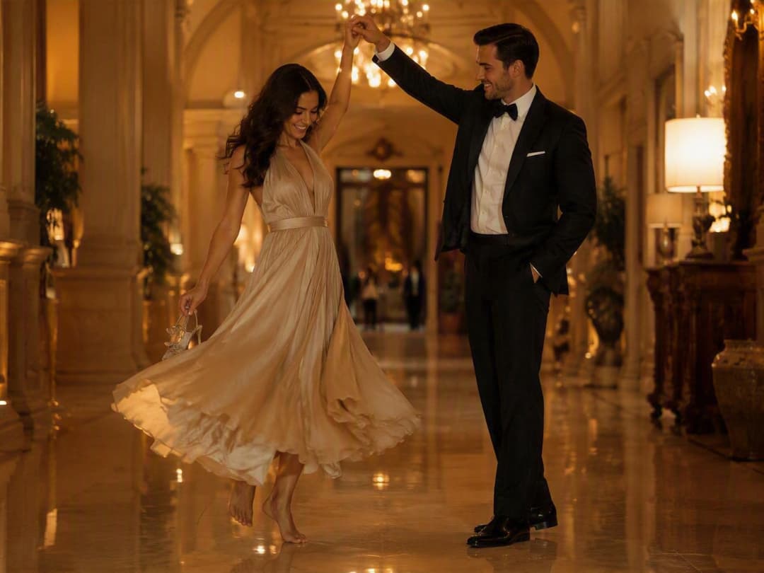 elegant-couple-dancing-and-twirling-in-luxurious-hotel-hallway-for-engagement-photo-ideas