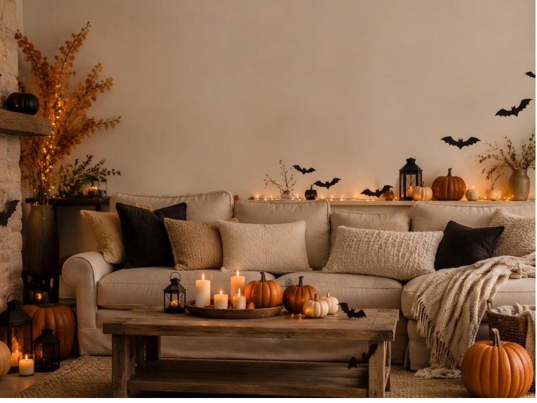 warm-halloween-living-room-setup-with-a-cream-sectional-sofa-wooden-coffee-table-lit-candles-pumpkins-and-wall-bat-decals-for-Halloween-Decor-Ideas