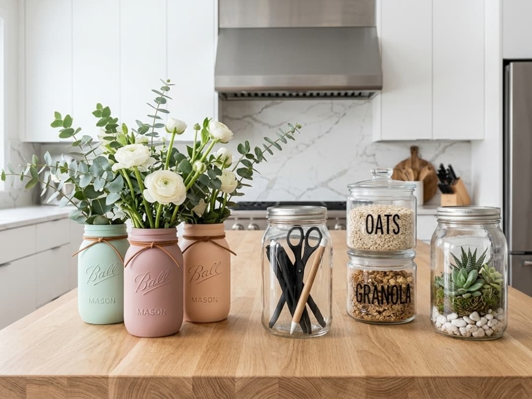 pastel-painted-mason-jar-vases-with-white-flowers-pantry-storage-jars-and-succulent-terrarium-on-a-kitchen-island-for-mason-jars-crafts-and-ideas
