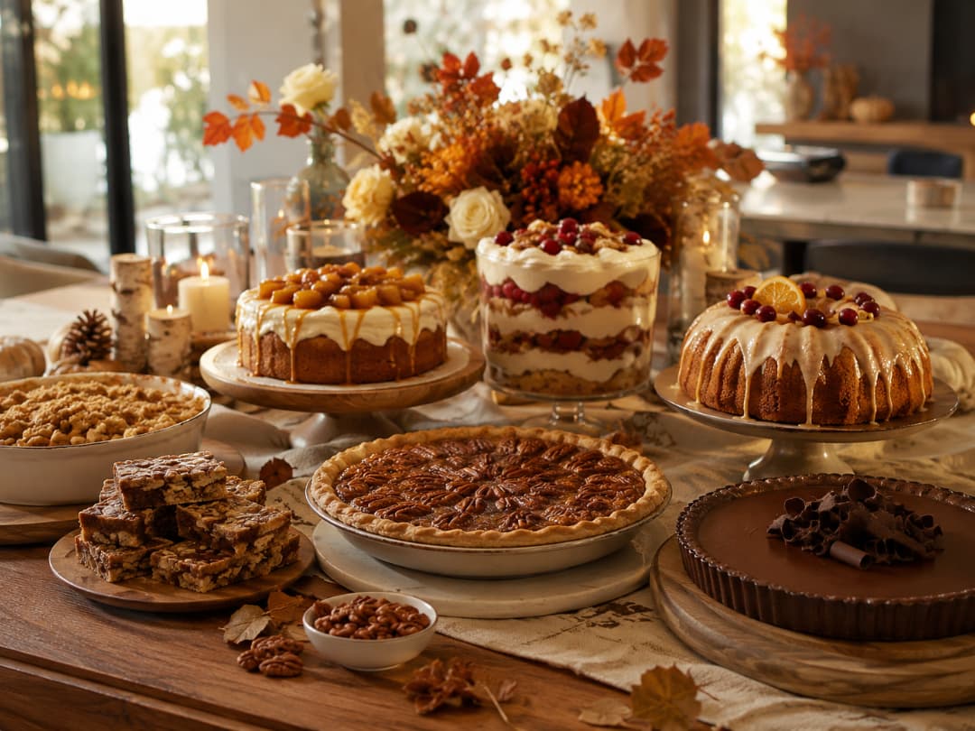 A-Thanksgiving-dessert-table-layout-with-pecan-pie-cakes-tarts-and-fall-decor-for-Thanksgiving-desserts-that-arent-pumpkin-pie