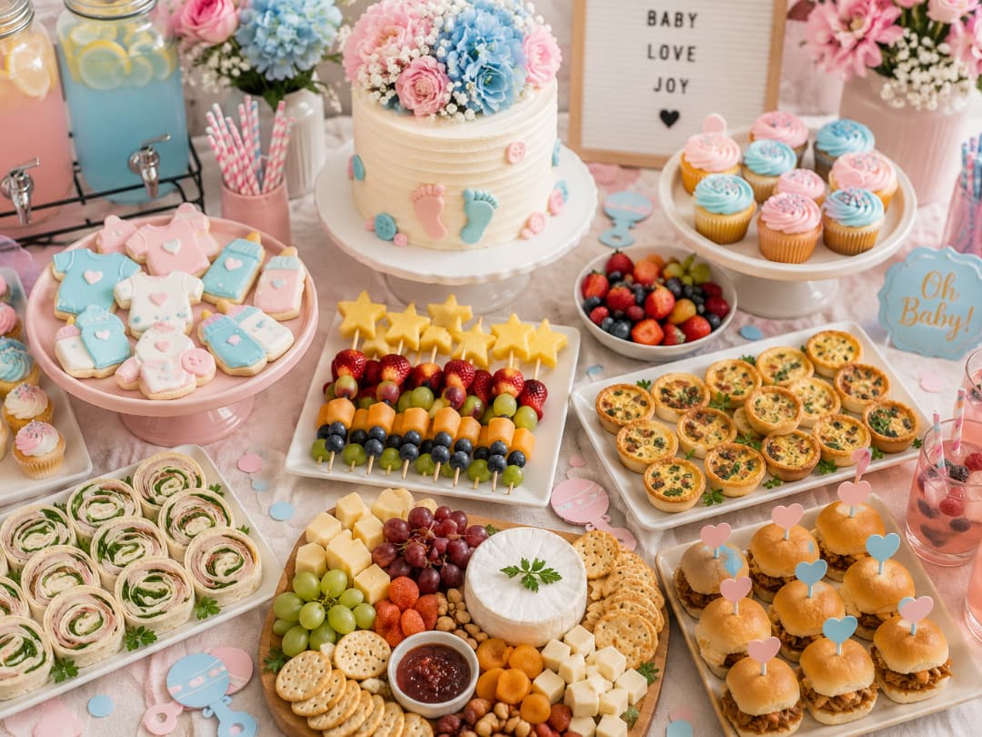 baby-shower-party-food-table-spread-with-desserts-and-savory-bites-for-Baby-Shower-Food-Ideas
