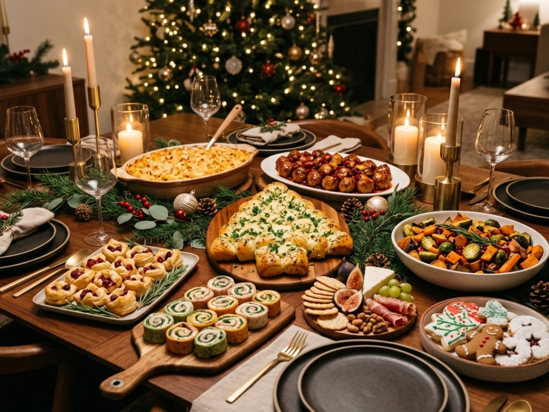 cozy-christmas-potluck-food-spread-on-a-modern-dining-table-at-evening-with-glowing-candles-festive-dishes-garlic-bread-tree-and-holiday-decor-easy-christmas-party-potluck-ideas