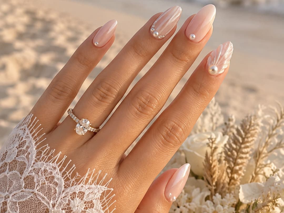 elegant-beach-nails-for-brides-featuring-pearly-chrome-finishes-3d-seashell-art-and-pearl-accents