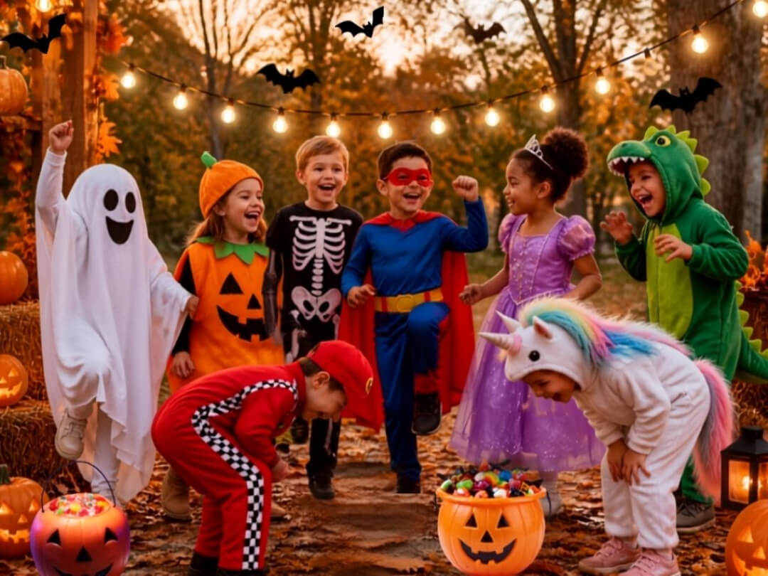 group-of-happy-children-wearing-various-halloween-costumes-outdoors-surrounded-by-pumpkins-and-autumn-leaves-with-jack-o-lantern-buckets-filled-with-candys-for-halloween-costume-ideas-for-kids