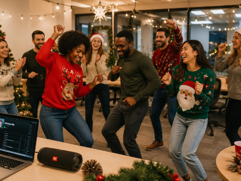 A-group-of-diverse-coworkers-wearing-festive-holiday-sweaters-dancing-and-celebrating-together-in-a-decorated-office-space-for-office-christmas-party